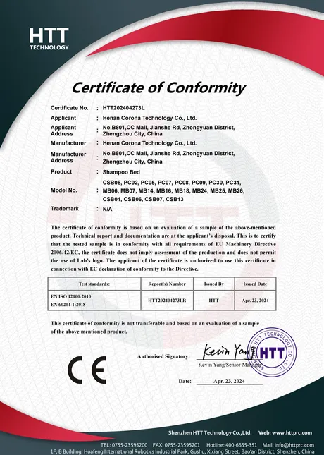 CE Certificate of Conformity issued to Henan Corona Technology for listed shampoo bed models