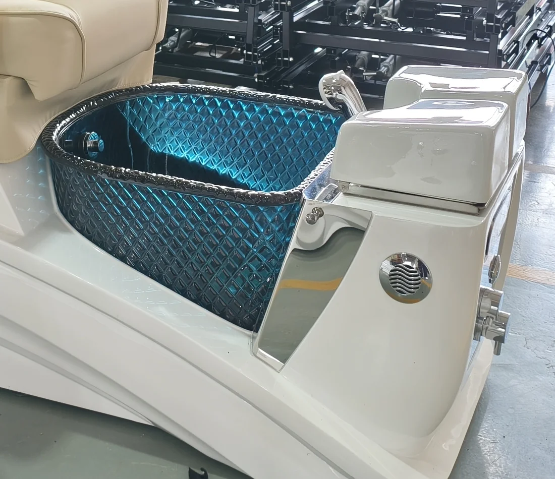 Close view of the blue PC-50 basin and light-colored base