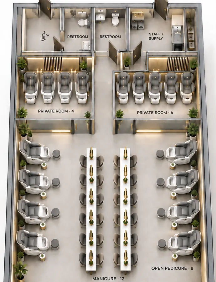 3D salon layout showing pedicure chair placement and manicure stations